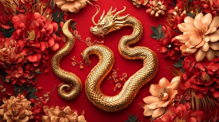 Obraz premium Chinese New Year 2025 banner, golden snake illustration, traditional red and gold tones, oriental-inspired patterns, Chinese zodiac imagery, auspicious design elements, festive celebration theming,