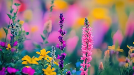 beautiful dreamy colorful spring wildflower field, various type of flower blooming 