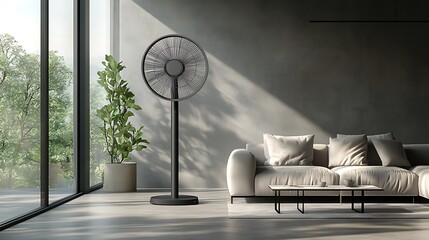 Modern black standing fan in minimalist living room