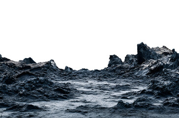Wide shot of an alien landscape with mountains, a dark blue and black color gradient, isolated on a white background, cinematic lighting, high-resolution photography. 