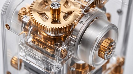 Transparent electric motor with gold accents showcasing intricate internal structure