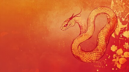Obraz premium Chinese New Year 2025 banner, golden snake illustration, traditional red and gold tones, oriental-inspired patterns, Chinese zodiac imagery, auspicious design elements, festive celebration theming,