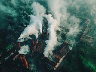 Fototapeta premium Aerial view of a factory emitting smoke into the atmosphere.