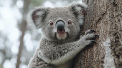 Obraz premium Cute koala clinging tree, forest backdrop, wildlife conservation