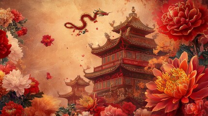 Fototapeta premium Chinese New Year 2025 banner, golden snake illustration, traditional red and gold tones, oriental-inspired patterns, Chinese zodiac imagery, auspicious design elements, festive celebration theming,