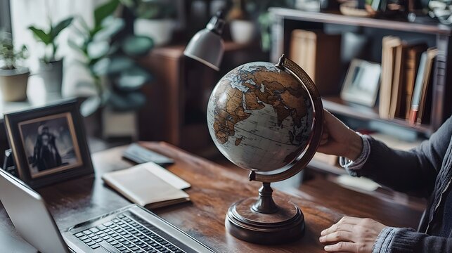 A person gently spinning a globe on a simple desk, dreaming of far-off places