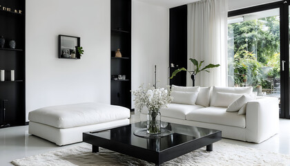 Modern Minimalist Living Room: A sleek and stylish living room interior featuring a monochromatic color palette of black and white, showcasing modern furniture and clean lines.