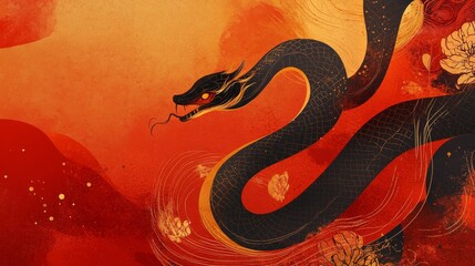 Obraz premium Chinese New Year 2025 banner, golden snake illustration, traditional red and gold tones, oriental-inspired patterns, Chinese zodiac imagery, auspicious design elements, festive celebration theming,