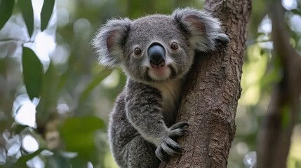 Obraz premium Cute koala joey climbing tree, forest, Australia