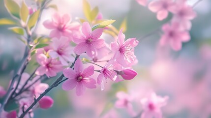 Obraz premium dreamy spring pink flower field blossoming against sunlight, enchanted magic beauty nature moment