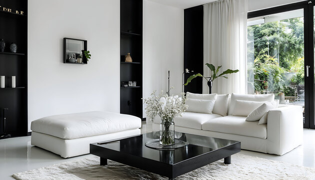 Modern Minimalist Living Room: A sleek and stylish living room interior featuring a monochromatic color palette of black and white, showcasing modern furniture and clean lines.