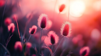 beautiful dreamy spring pink fox tail wildflower field against sunlight make enchanted vibes pastel gradient background