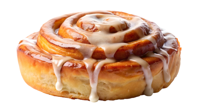 Sweet Cinnamon Roll: A freshly baked cinnamon roll with a generous swirl of sweet, glossy icing. The dough is golden brown and slightly puffed, creating a delicious and irresistible treat.  