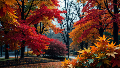Naklejka premium City park in autumn with vibrant leaves