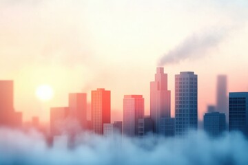 Obraz premium City Skyline Completely Shrouded in Thick Smog During Sunset with Soft Hues of Orange and Pink
