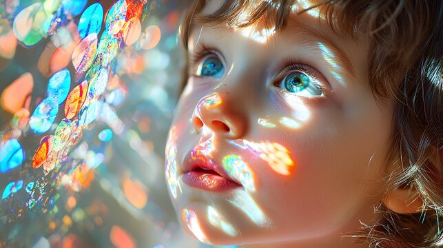 A child looking through a kaleidoscope, their eyes wide with amazement at the colorful patterns