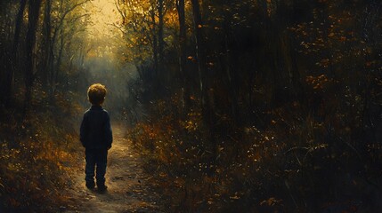 Fototapeta premium A child standing at the edge of a quiet forest trail, gazing into the shadows with a mix of excitement and wonder