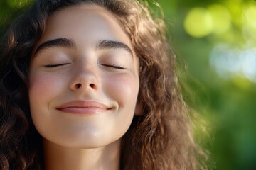 Fototapeta premium Joyful Close-Up of a Smiling Face with Eyes Closed, Showcasing Natural Happiness and Serenity in a Lush Outdoor Setting