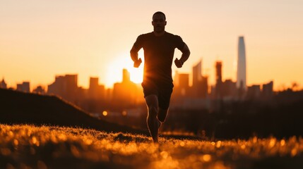 Fototapeta premium Silhouette of a Runner at Sunset with a City Skyline in the Background Capturing Freedom and Vitality
