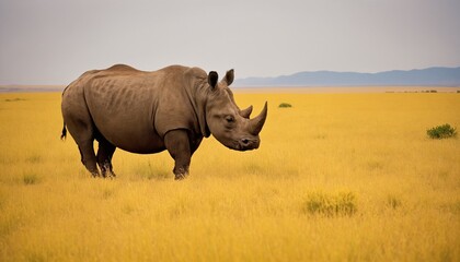 Obraz premium Rhino standing in a golden savanna under cloudy sky