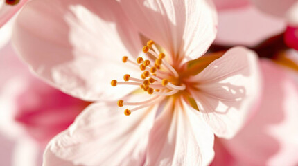 Pink sakura flower in close-up with delicate mood representing beauty against blurred background