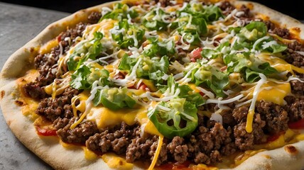 A taco pizza topped with seasoned ground beef, cheese, lettuce, and salsad 