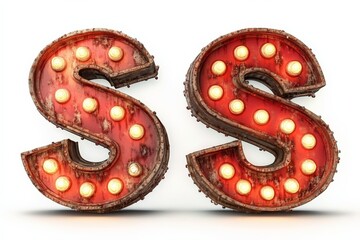 Brightly lit vintage letters in red with retro bulbs displayed on a white background for decorative purposes