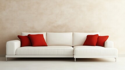 Naklejka premium A Minimalist Living Room With A White Couch And Red Pillows Against A Beige Textured Wall. The Scene Is Calm And Serene.