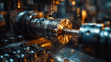 Naklejka premium Close-up of CNC machine precision machining a metallic gear, sparks flying.
