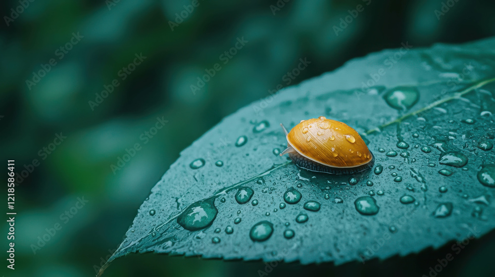 Poster macro shot of tiny snail on wet leaf with dew drops in natural environment