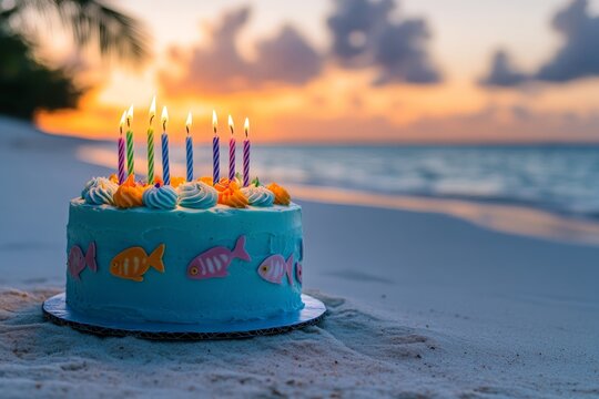 Colorful birthday cake with candles on sandy beach at sunset overlooking the ocean