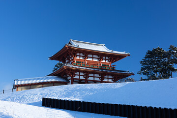 青空と積雪した多賀城南門（国特別史跡）