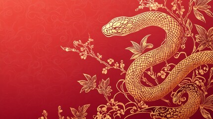 Obraz premium Intricate golden zodiac snake silhouette accented with linear, minimalist plum blossom motifs, set against a vibrant red gradient background. The elegant, stencil-like illustration evokes a sense of