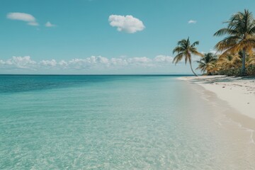 bright turquoise water beach, palms clear sky