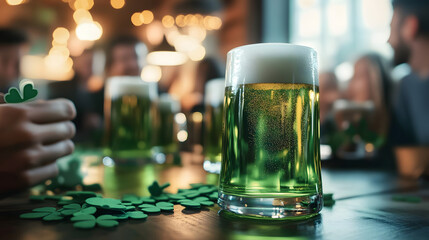A close-up of green beer served on a table filled with shamrock decorations, as a joyful group of friends cheers and celebrates Saint Patrickâs Day in the blurred background.