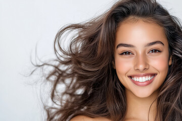 Fototapeta premium young indian woman standing with flowing hair on white background
