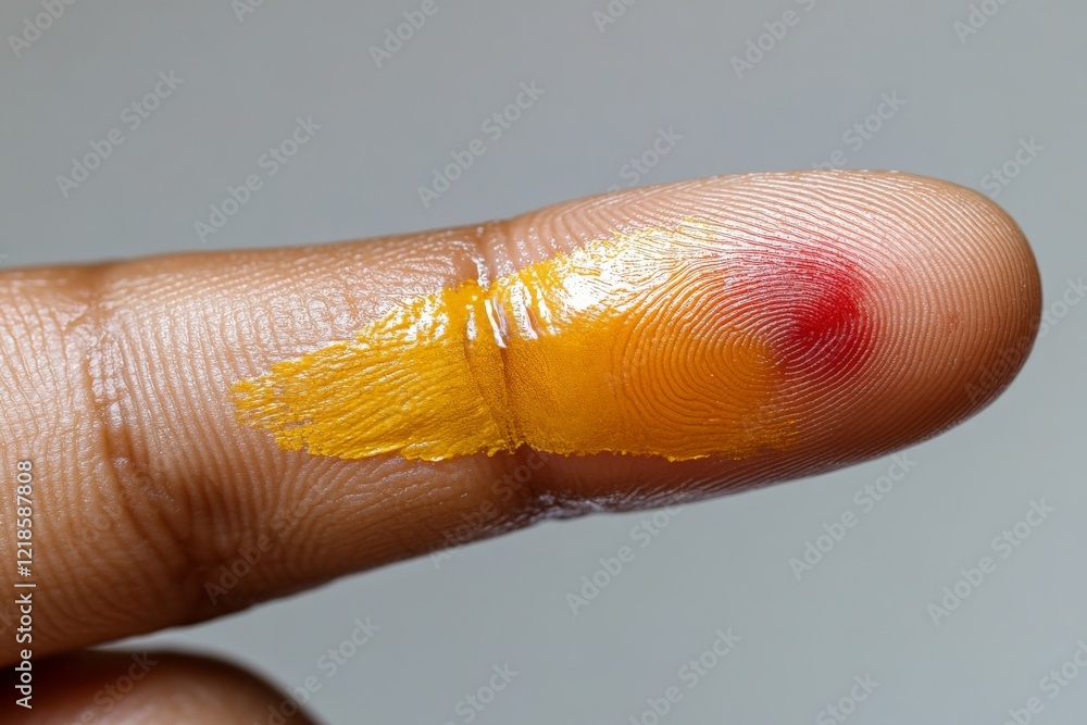 Poster close-up view of a finger with yellow paint and a red mark showcasing artistic expression