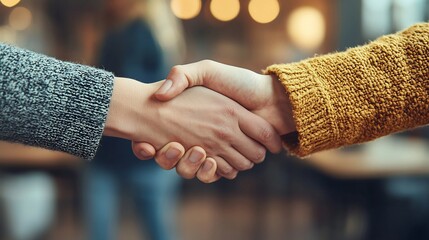A close up handshake between two people wearing a gray and yellow sweater shows connection