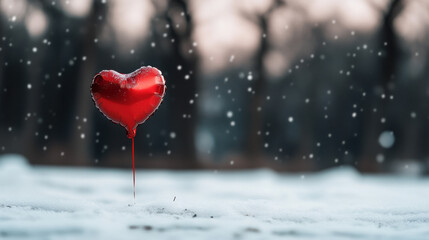 Red heart-shaped balloon drifting in soft snowy sky with faint light bokeh: Snowy Valentines Day Aesthetics