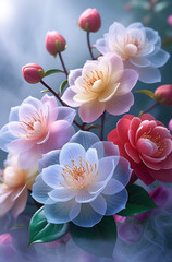 Fototapeta premium A beautiful camellia flower with a spectrum theme and enchanting smoke. Created with generative AI
