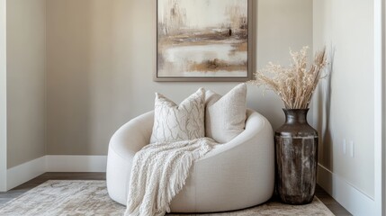 A Cozy Corner With A Comfy Chair, Abstract Art, And Dried Flowers.  Neutral Colors Create A Serene Atmosphere.