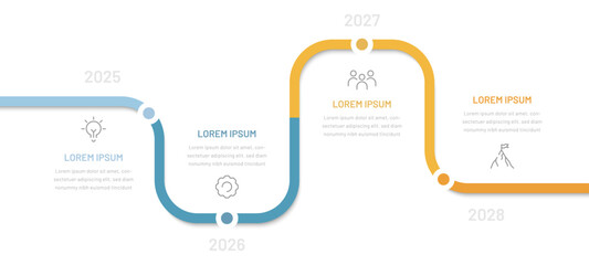 A four-stage timeline infographic consisting of 4 stages or levels, goals, milestones, and steps. A diagram for the presentation of a slide, website, brochure. Modern business infographics