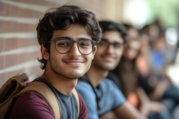 Obraz premium Smiling student poses for a group photo with friends while sitting on a school campus in the afternoon sun