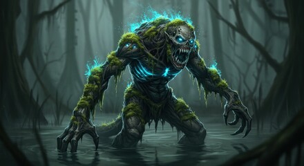 Fototapeta premium Moss-Covered Swamp Creature: A Dark Fantasy Illustration