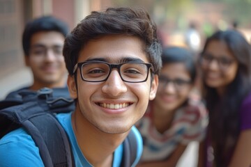 Fototapeta premium Young man smiles joyfully with friends in a vibrant outdoor setting during daytime