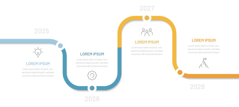 A four-stage timeline infographic consisting of 4 stages or levels, goals, milestones, and steps. A diagram for the presentation of a slide, website, brochure. Modern business infographics