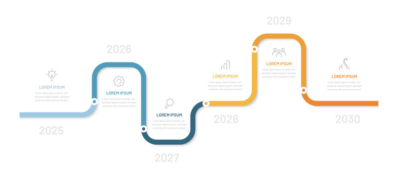 Infographic in the form of a road or timeline. A diagram for a presentation, website, or booklet. Modern six-step infographics with editable icons