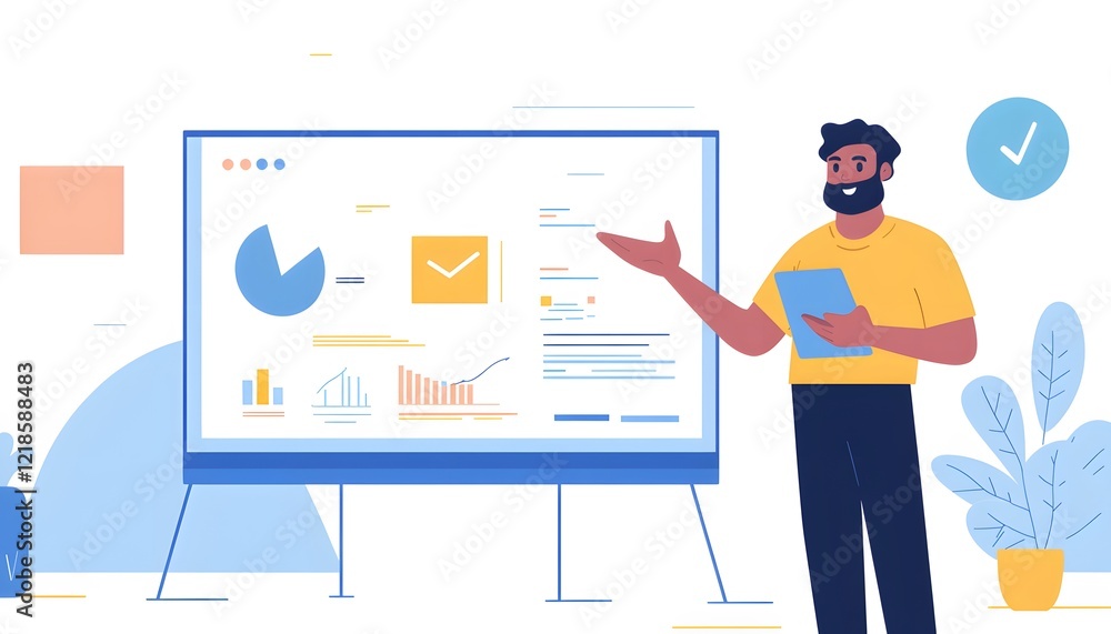 Poster a professional man presenting data on a large screen. charts and graphs highlight important metrics.