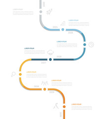 Vertical seven-step modern infographics with dates. Infographics for a website page or slide of a presentation or report.