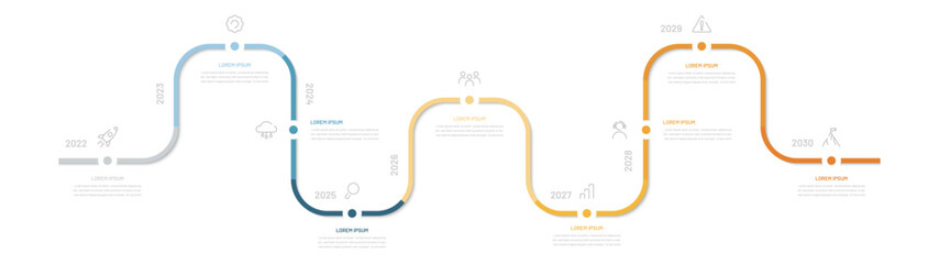 A nine-step timeline. A diagram for displaying the steps to achieve a goal. A diagram for a website, presentation, or booklet. Modern infographics with dates